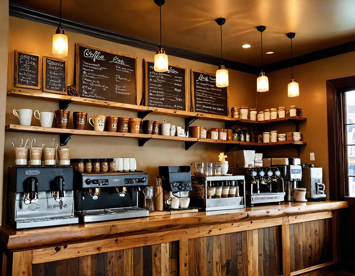 A cozy, rustic coffee shop interior with a wooden counter showcasing an array of beautifully crafted artisan coffee drinks, each adorned with intricate latte art. Warm lighting casting a golden glow over the setting, inviting patrons to savor the ambiance while sipping their coffee delights. super-realistic. vibrant colors. warm tones.