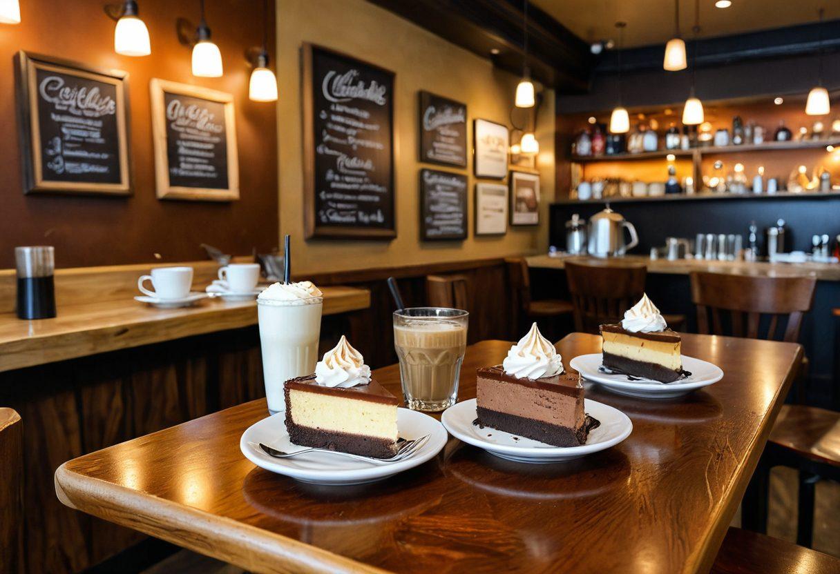 A cozy cafe scene featuring beautifully plated signature desserts like a decadent chocolate mousse and a slice of cheesecake, accompanied by a steamy cup of artisan coffee with latte art. The cafe's unique atmosphere comes alive with warm, ambient lighting, rustic wooden furniture, and a chalkboard menu featuring specialty drinks. super-realistic. vibrant colors. inviting ambiance.